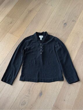 Talbots Womens Black Geometric Blouse Long Sleeve Collared Pure Silk Size 6